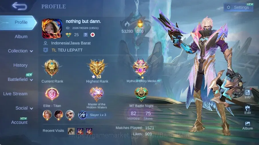 Mobile Legends: Bang Bang Accounts Others Global|Skin 75|Seasoned|Blazing Claude,Lightborn Granger,Gaara Vale,Epic Yi 1