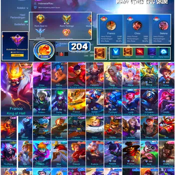 Mobile Legends: Bang Bang Accounts #4493 204 Skins | Franco King of Hell (LEGEND) | Chou Iori Yagami (KOF) | Karina Leona