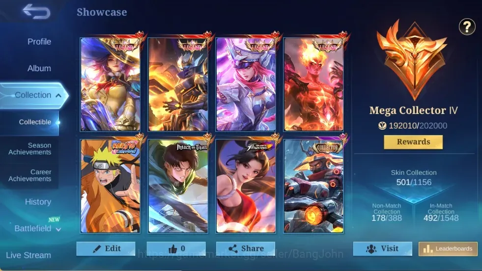 Mobile Legends: Bang Bang Accounts Collector Global|501 Skin|MEGA|4 LEGEND SKIN,NARUTO,TF Granger,KOF Dyrroth 1
