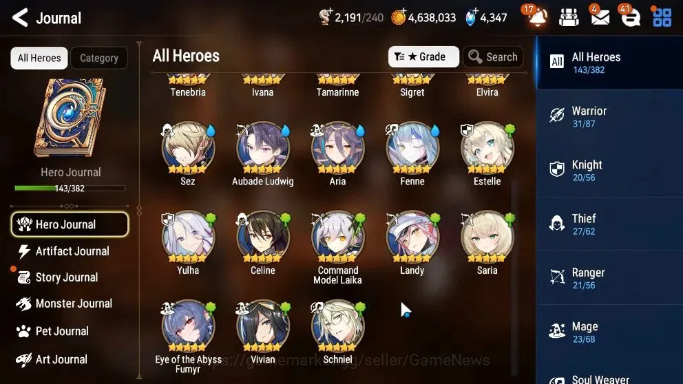 Epic Seven Accounts High-End GLOBAL UnVerif|8 ML(Rhiana&Luc,RueleLight,LH Cermia,etc)+Ab Fumyr,Setsuka,Estele,Ivana,etc|948 8