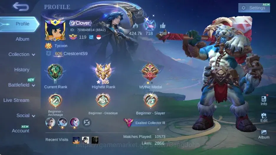 Mobile Legends: Bang Bang Accounts Global|Skin 452|Exalted|Legend Franco,PRIME Grange image 1