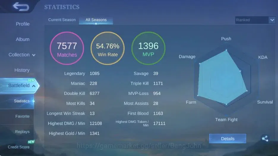Mobile Legends: Bang Bang Accounts Global|Skin 452|Exalted|Legend Franco,PRIME Grange image 3