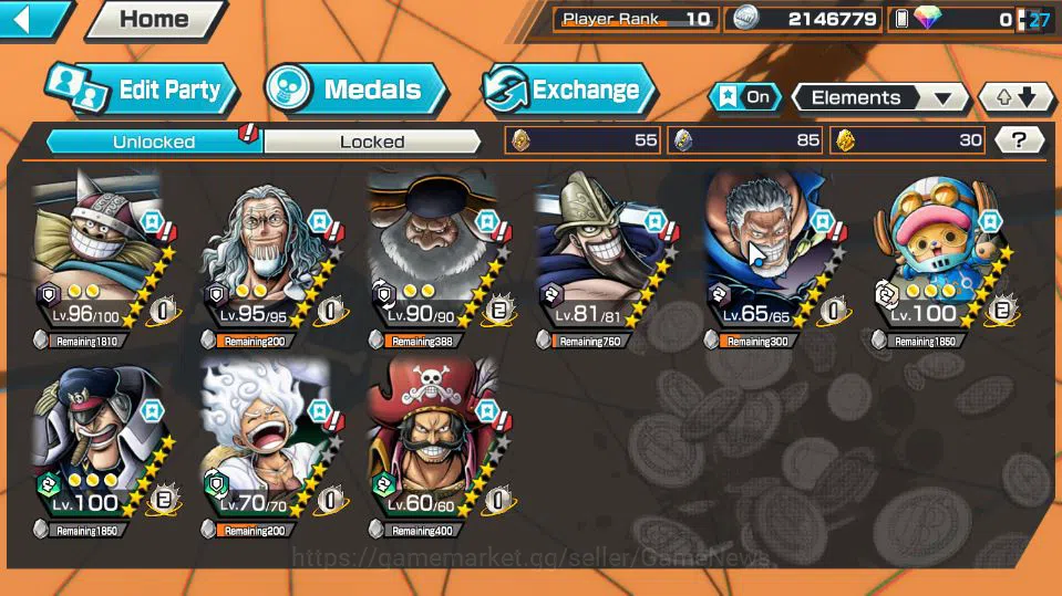 One Piece Bounty Rush Accounts Mid-Tier Global|4 EX|5 Elder St.Saturn,G5 Monkey D.Luffy,GP Gol D.Roger,LH Monkey D.Garp|Rank 4