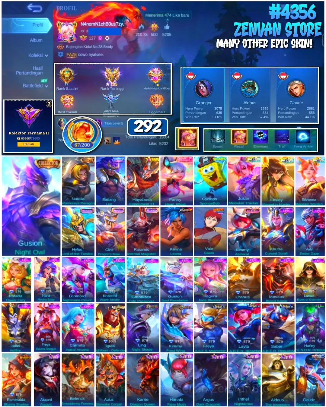 Mobile Legends: Bang Bang Accounts #4356 292 Skins | Karina Leona (KOF) | Vale Gaara (NARUTO) | Cyclops SpongeBob 1