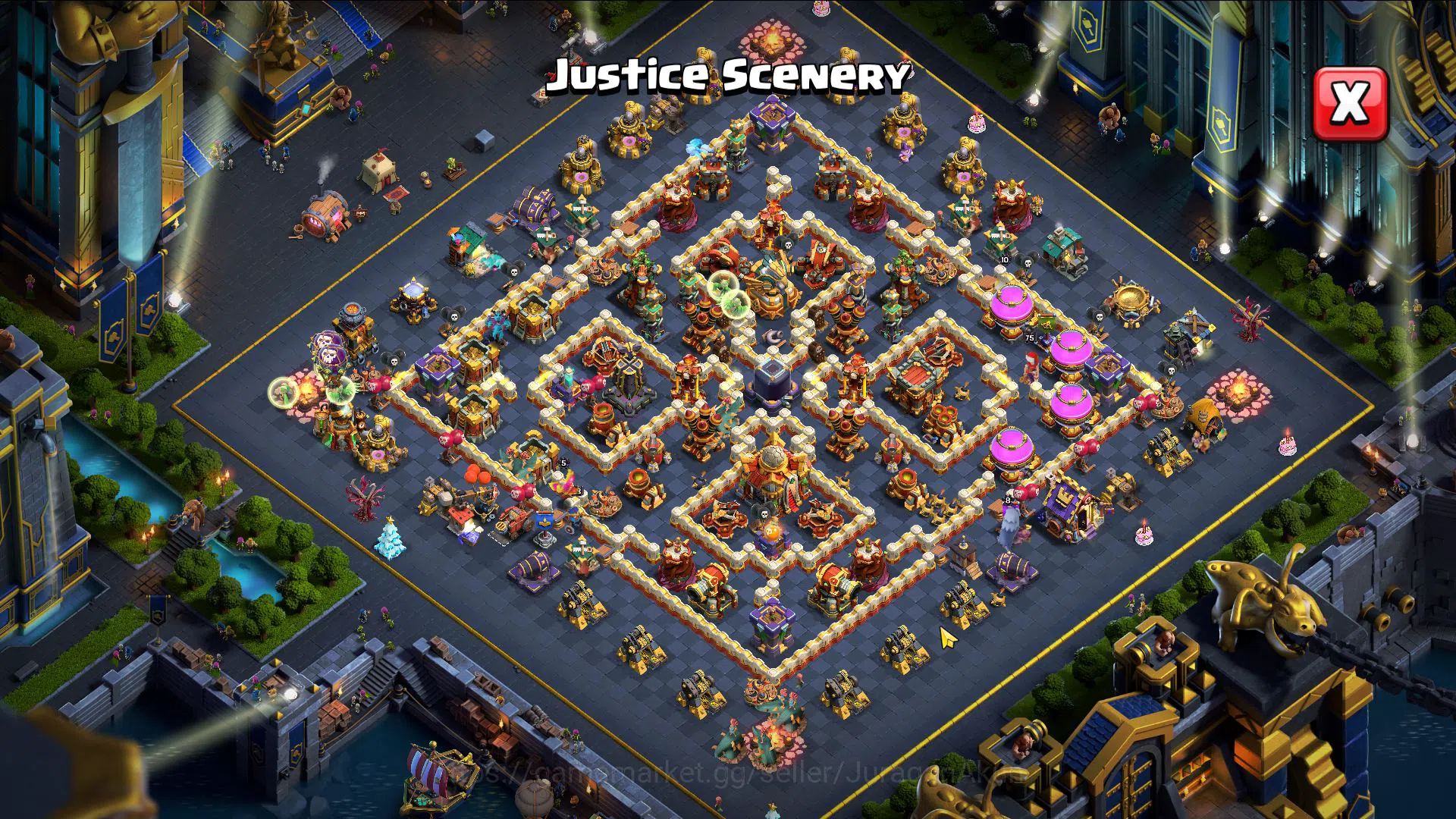 TH 16 MAX- BH 10|LV 182|HH 10|LIMITED SKIN Justice Scenery|BK67,AQ75,GW51,MP46,RC38|CN ON|Protect OFF|TAKE MAIL(COC1905) Clash of Clans High-End TH 16 MAX- BH 10|LV 182|HH 10|LIMITED SKIN Justice image 1