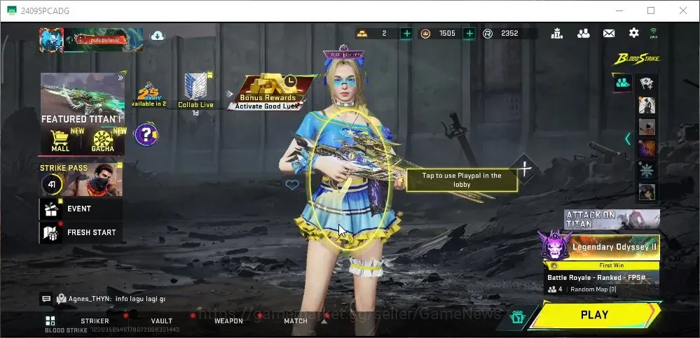 Blood Strike Accounts Collab Skin ASIA|2 ETERNAL Galil Blight Embrace Lv2,MP7 Tidesong|Collab AOT M4A1 BoF,Female Titan|6 1