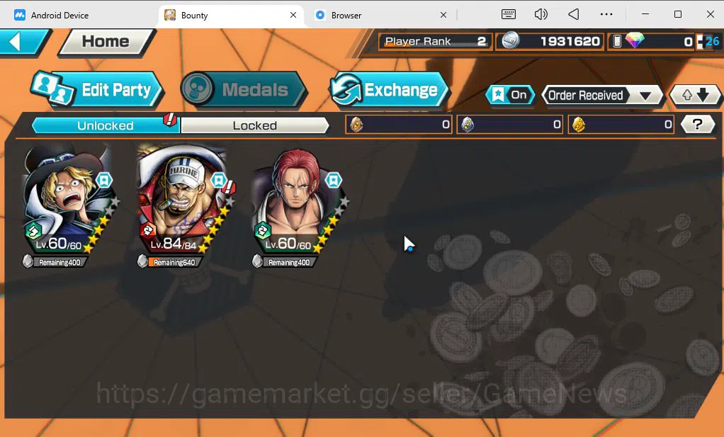 One Piece Bounty Rush Accounts Mid-Tier Global|3 EX|FE Sabo,Navy HQ Sakazuki,FR Shanks|Rank2|Bandai|CheckSS(OPBR1841) 5