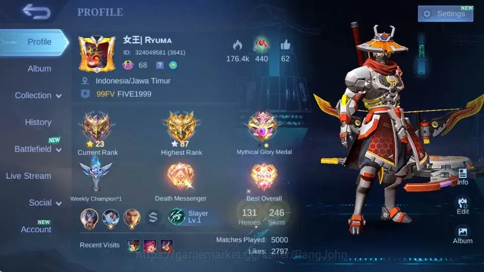 Mobile Legends: Bang Bang Accounts Global|Hero 131|Skin 246|Renowned|Collector Yi Sun image 15