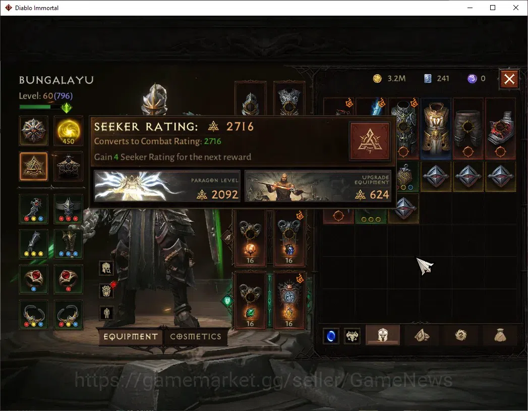 Diablo Immortal Accounts High-End SA - Oza|CS ON|Lv 60 (796)|Crusader|CR 42k|Reso 450|Paragon Survivor|Inferno IV|1 5
