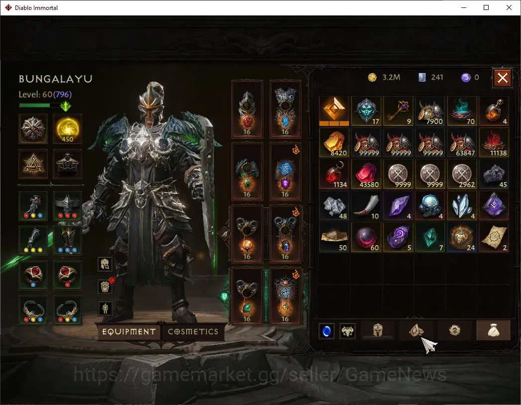 Diablo Immortal Accounts High-End SA - Oza|CS ON|Lv 60 (796)|Crusader|CR 42k|Reso 450|Paragon Survivor|Inferno IV|1 7
