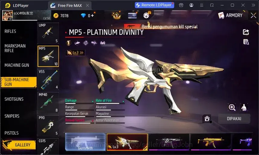 Free Fire Accounts Indonesia | Vault 220 | Evo MP5 Platinum Divinity  image 3