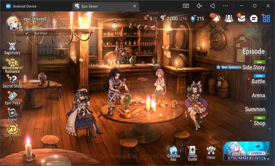 Epic Seven Accounts Starter Global Unverif |Starter|4 ML (BArunka,EIlynav,NCLandy,RViolet)|SS 215|Stigma 9K|Log Stove|Check 1