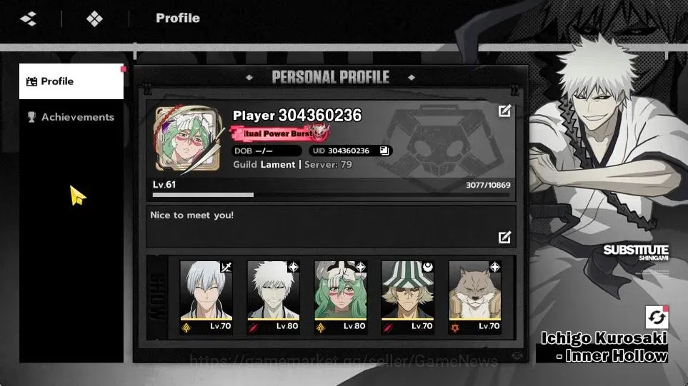 BLEACH: Soul Resonance Accounts NuverseSEA|LV 61|10 SSR [Ichigo IH,Nelliel,Gin,Ika image 1