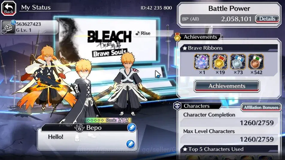 Bleach: Brave Souls Accounts GLOBAL 2M POWER+10 Orb|28 MT[New Ichigo Renewed,TY image 2