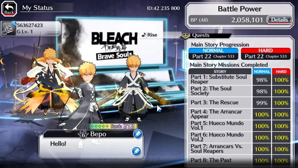 Bleach: Brave Souls Accounts GLOBAL 2M POWER+10 Orb|28 MT[New Ichigo Renewed,TY image 4