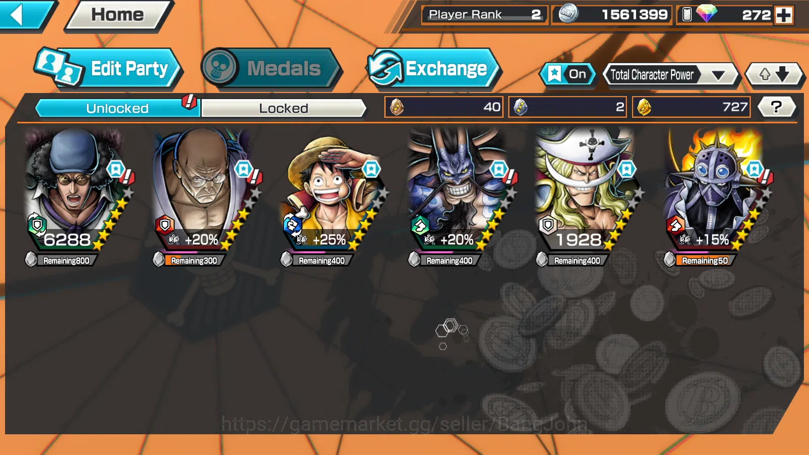 One Piece Bounty Rush Accounts Others GLOBAL | 5EX | 5elders Nusjuro,BB kuzan,King op Monkey D.Luffy,BOMO Kaido,Gp Edward 2