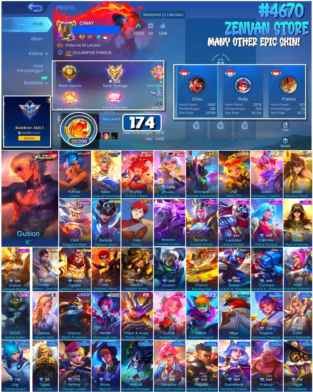 Mobile Legends: Bang Bang Accounts #4670 174 Skins | Gusion K' (KOF) | Karina Leona (KOF) | Badang Pegasus Seiya (SAINT 1