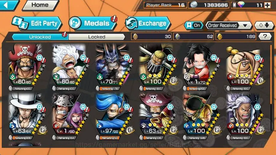 One Piece Bounty Rush Accounts High-End Global | EX 7 | PR 16 |Gol D. Roger,Monkey D. Luffy,Kaido,Rob Lucci, Zoro & Sanji 4