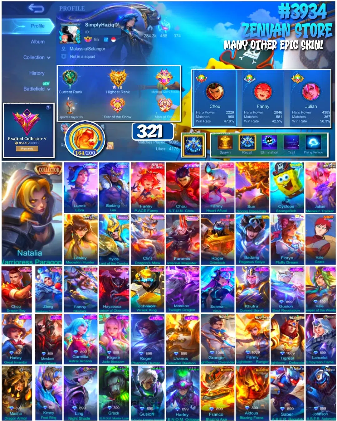 Mobile Legends: Bang Bang Accounts #3934 | 321 Skins | Collector Natalia | Vale Gaara | Saint Seiya Badang | Transformer 1