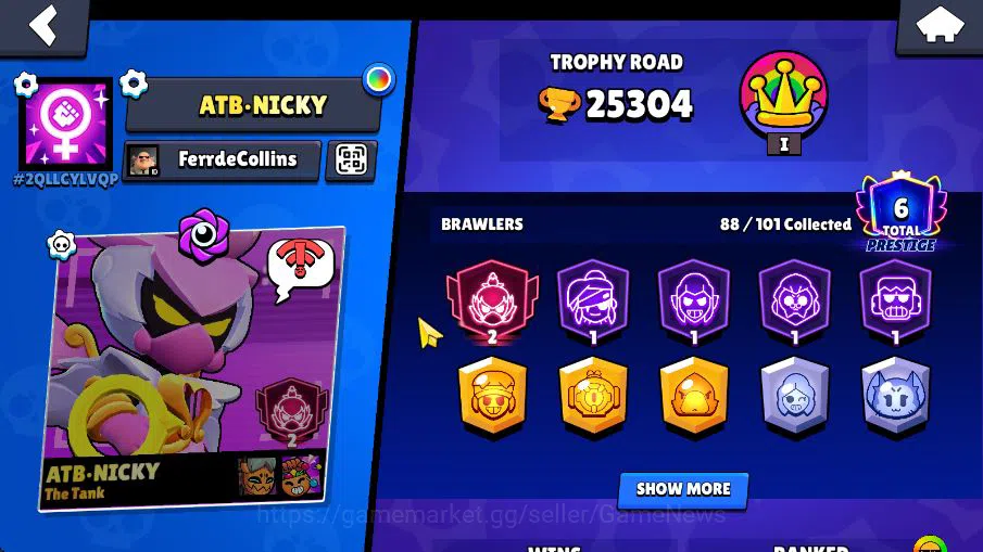 Brawl Stars Accounts 25304 Trophy|88 Brawlers 19 MAX Lvl|6 Hyperchar [DNita,SPoco,SRico,Etc] 6 Legend 5 Myth 69 Epic Skin 2