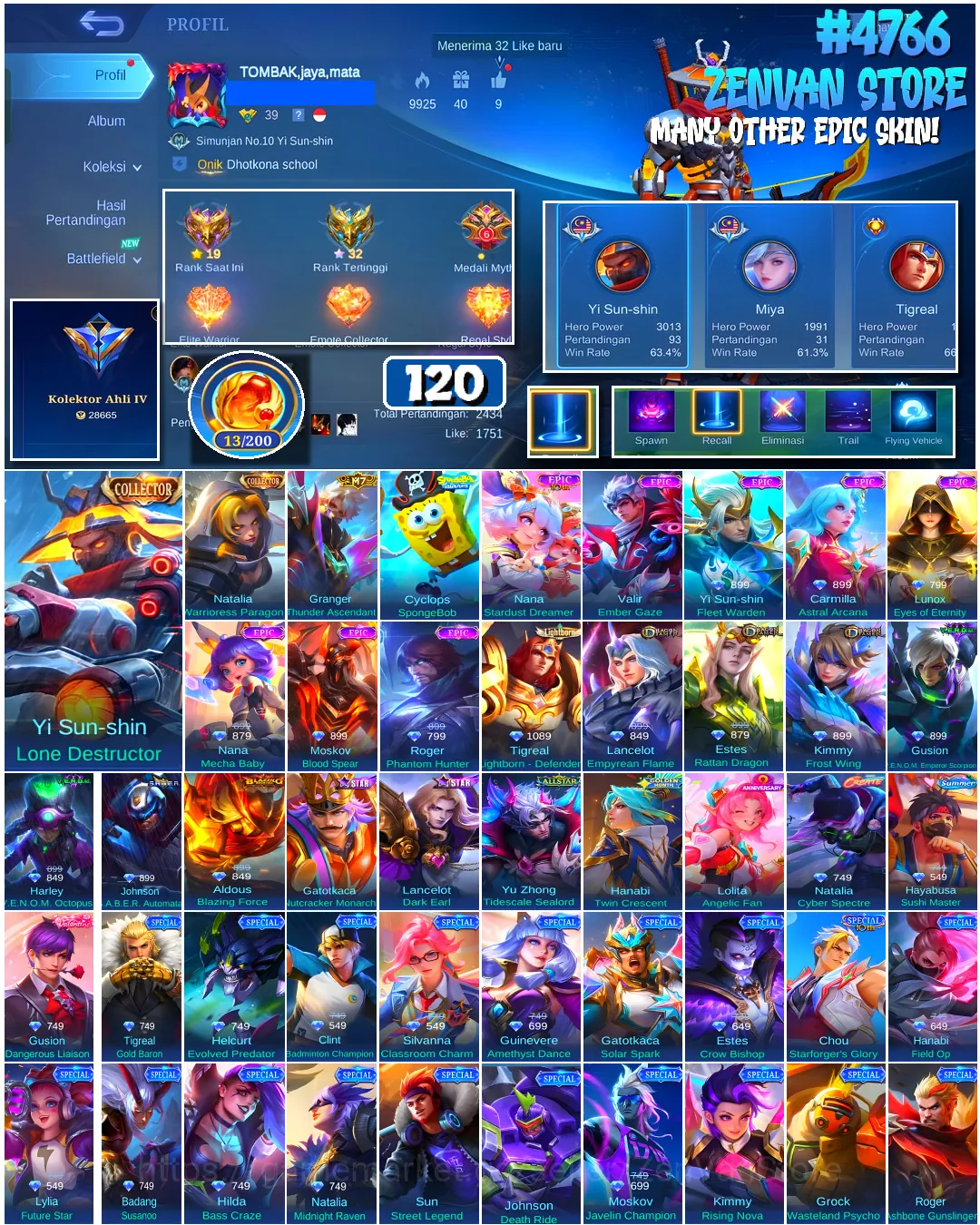 Mobile Legends: Bang Bang Accounts #4766 120 Skins | Cyclops SpongeBob (SPONGEBOB) | Natalia Warrioress Paragon (COLLECTOR 1