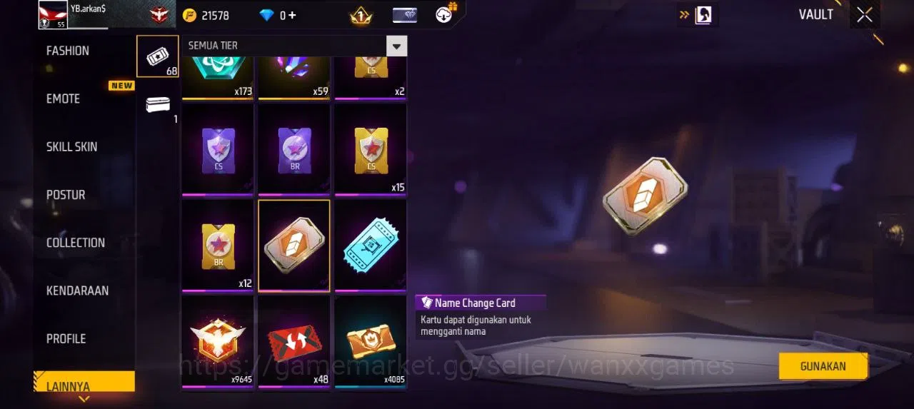 Free Fire Accounts Indonesia | AKUN LVL 55 SG MAMBAH,PELURU SUCI VAULT 83 EMOTE 20 KATANA LOBY 3 TAS 21 SKYWING 1 WEAPON 118 5