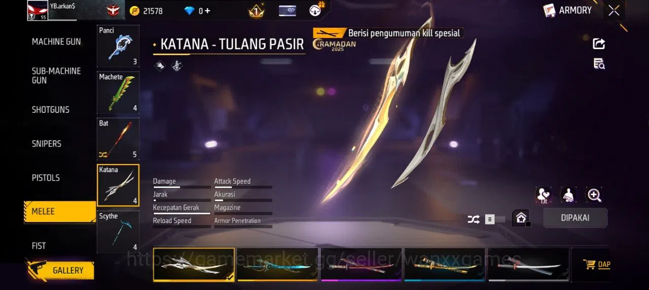 Free Fire Accounts Indonesia | AKUN LVL 55 SG MAMBAH,PELURU SUCI VAULT 83 EMOTE 20 KATANA LOBY 3 TAS 21 SKYWING 1 WEAPON 118 7