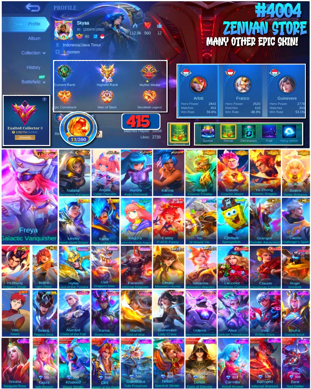 Mobile Legends: Bang Bang Accounts 🔥 #4004 🔥 415 Skins 💎 Exalted Collector II 👑 Legend Freya Galactic Vanquisher ⚔️ King 1