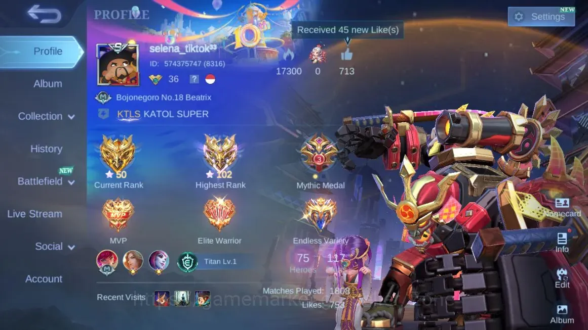 Mobile Legends: Bang Bang Accounts Collector H 75|S 117|Seasoned|Collector Jawhead|VENOM Angela|Saint Saiya Badang|DT 1