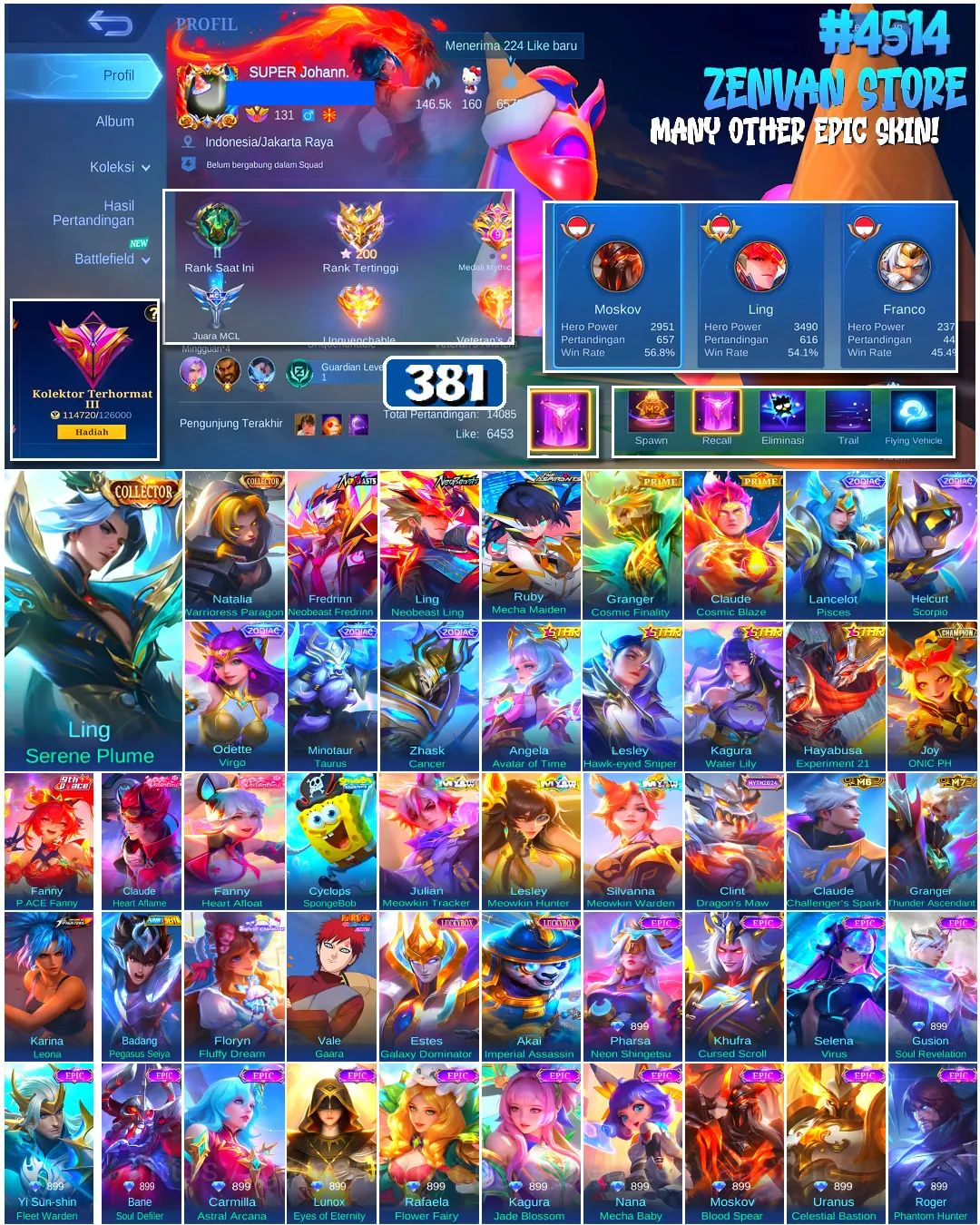 Mobile Legends: Bang Bang Accounts #4514 381 Skins | Karina Leona (KOF) | Vale Gaara (NARUTO) | Badang Pegasus Seiya (SAINT 1