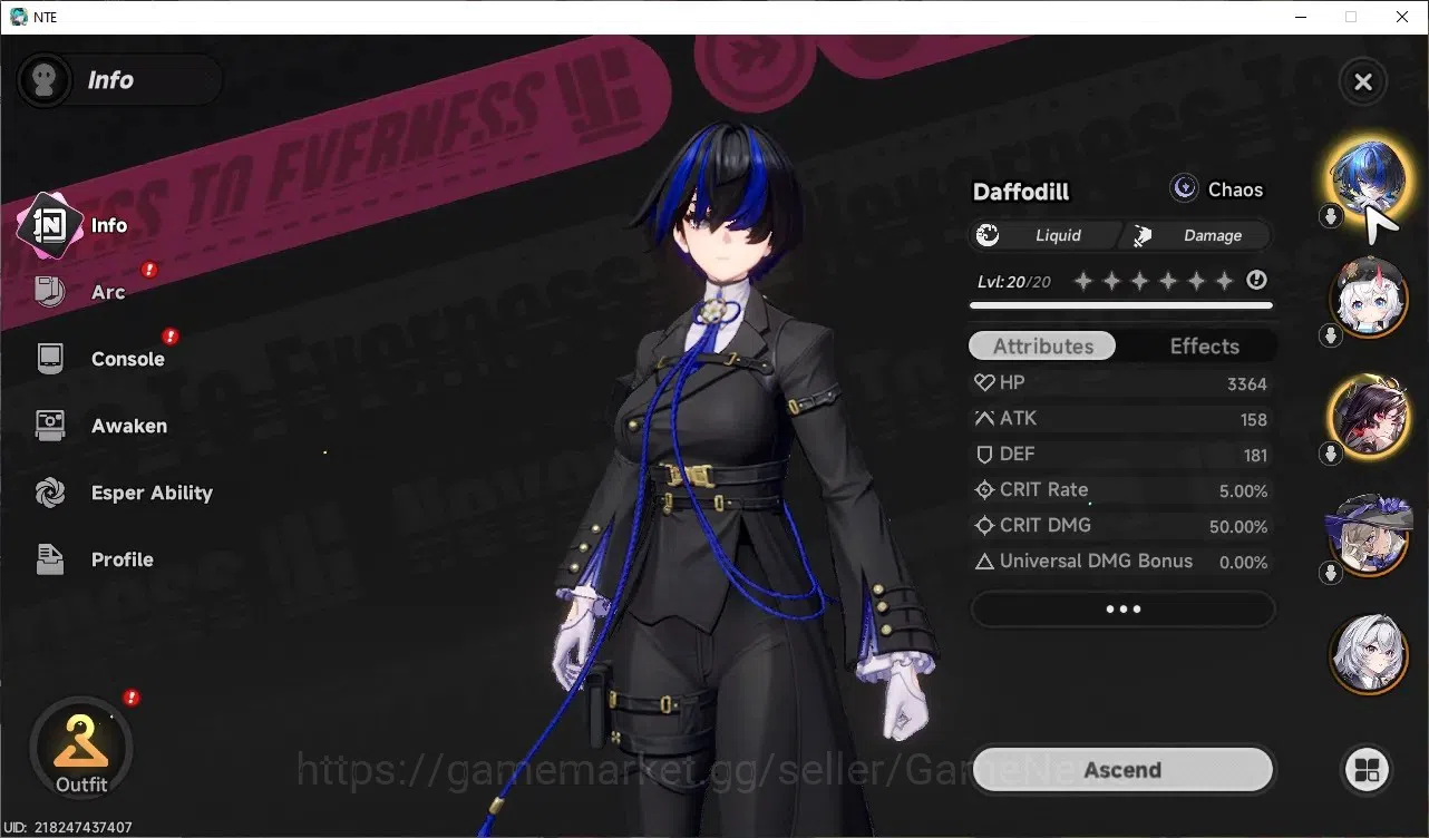 Neverness to Everness Accounts GLOBAL SEA|HL 7|4 SSR| Hotori, Jiuyuan, Daffodill, Sakiri |2 SSR Selector On|6 SR|Orchid 3