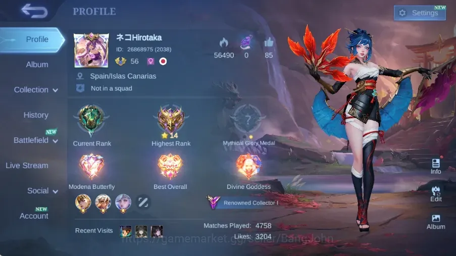 Mobile Legends: Bang Bang Accounts Collector Global|Skin 277|Renowned|Legend Miya+Freya+Lunox,LBox 1