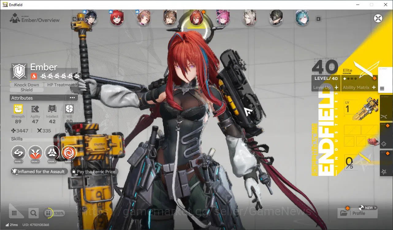Arknights: Endfield Accounts Asia Lv50| 6SSR [Laevatain+Sign,Gilberta+Sign,Yvonne,Ardelia+Sign,Ember,POG] +9SR 8 7