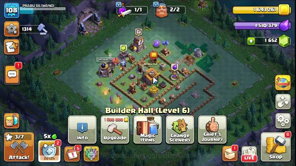 Clash of Clans Accounts High-End Lv 108|TH 13 BH 6|LV 108|HH 7|Limited Skin|BK 40,AQ 37,GW 21,MP 26,RC 24,DD 8|BM 5|1652 16