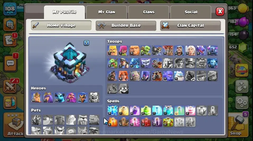 Clash of Clans Accounts High-End Lv 108|TH 13 BH 6|LV 108|HH 7|Limited Skin|BK 40,AQ 37,GW 21,MP 26,RC 24,DD 8|BM 5|1652 3