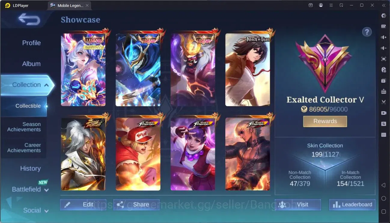 Mobile Legends: Bang Bang Accounts Collector Global |Exalted|Legend Franco,Layla,GS|AOT Fanny|SV Amon|KOF 2
