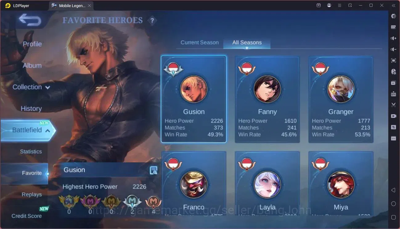 Mobile Legends: Bang Bang Accounts Collector Global |Exalted|Legend Franco,Layla,GS|AOT Fanny|SV Amon|KOF 4