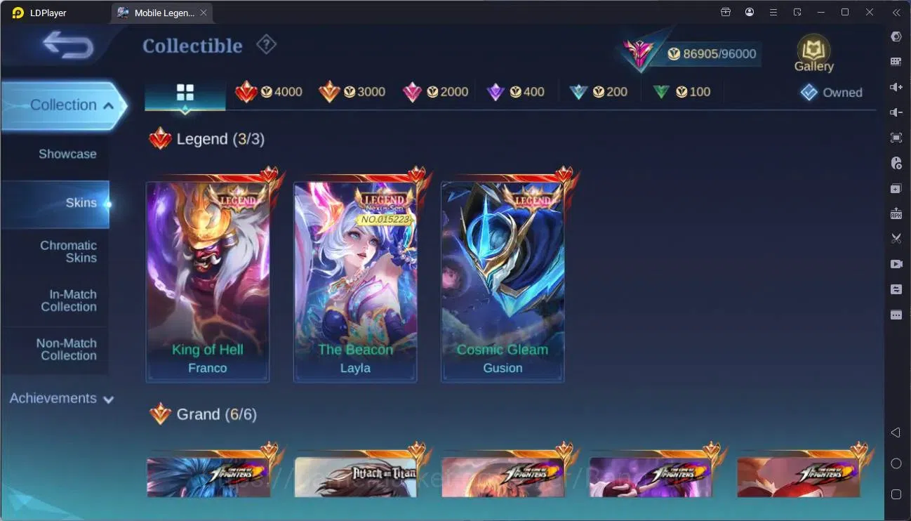 Mobile Legends: Bang Bang Accounts Collector Global |Exalted|Legend Franco,Layla,GS|AOT Fanny|SV Amon|KOF 7