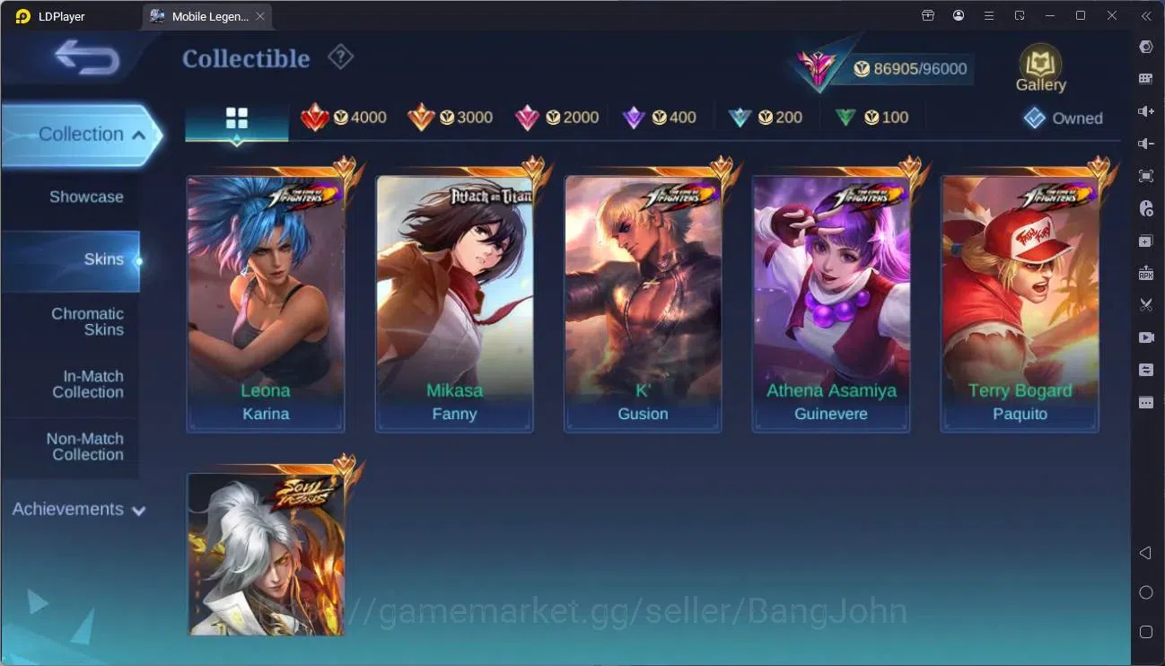 Mobile Legends: Bang Bang Accounts Collector Global |Exalted|Legend Franco,Layla,GS|AOT Fanny|SV Amon|KOF 8