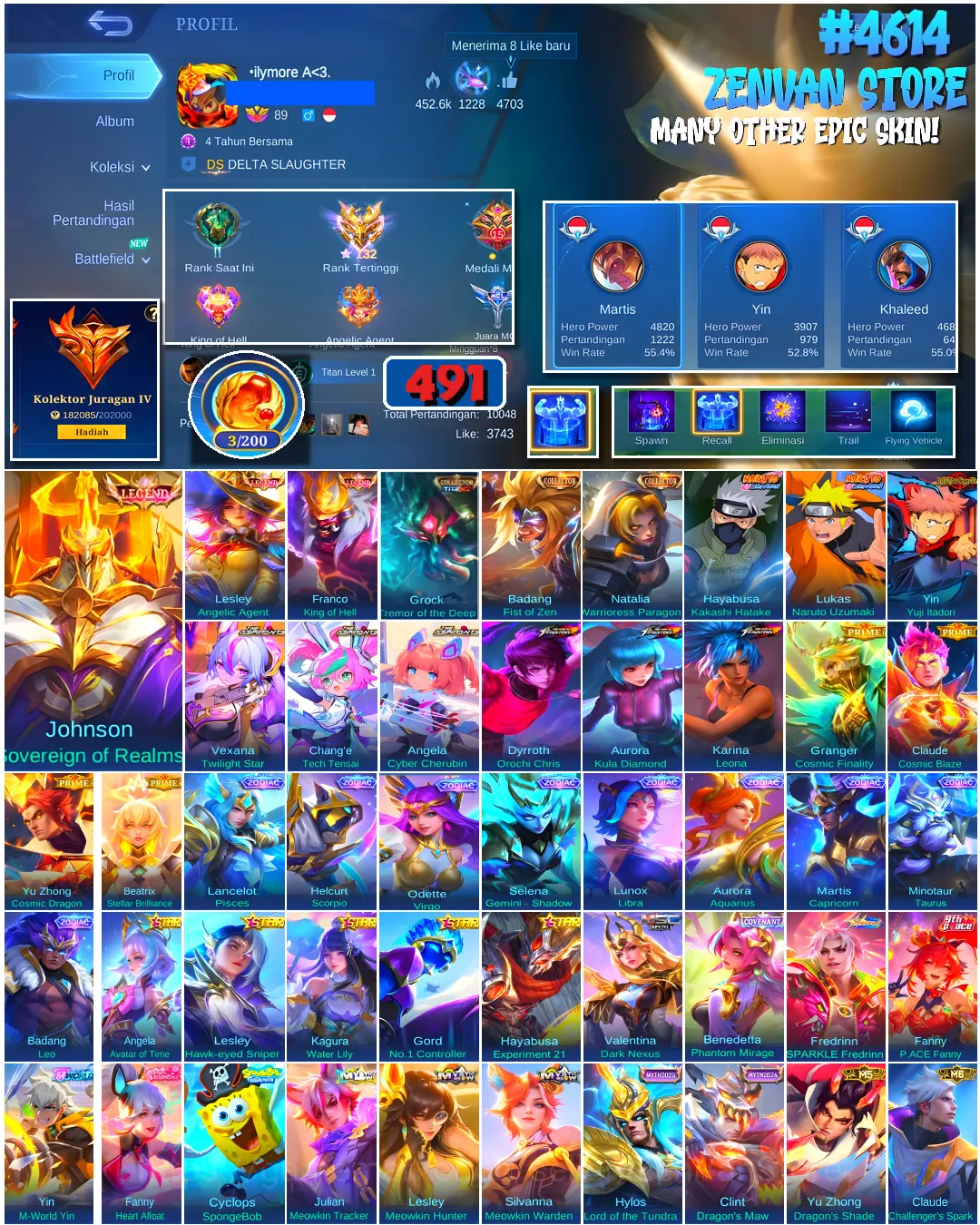Mobile Legends: Bang Bang Accounts #4614 491 Skins | Franco King of Hell (LEGEND) | Johnson Sovereign of Realms (LEGEND 1