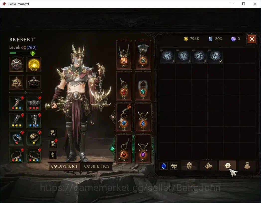 Diablo Immortal Accounts High-End EU - Aranoch| 60 (760) Warlock-Slinger | CR 42k | Reso 540 | Inferno IV | Varog Lv 30 (*4 13
