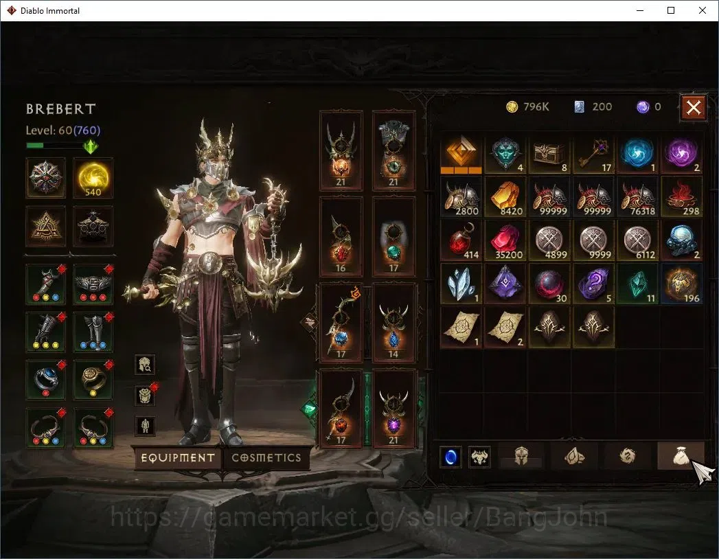 Diablo Immortal Accounts High-End EU - Aranoch| 60 (760) Warlock-Slinger | CR 42k | Reso 540 | Inferno IV | Varog Lv 30 (*4 14