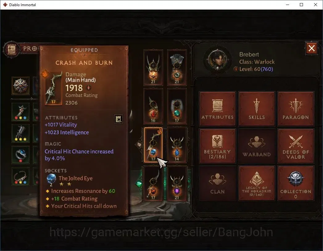 Diablo Immortal Accounts High-End EU - Aranoch| 60 (760) Warlock-Slinger | CR 42k | Reso 540 | Inferno IV | Varog Lv 30 (*4 4