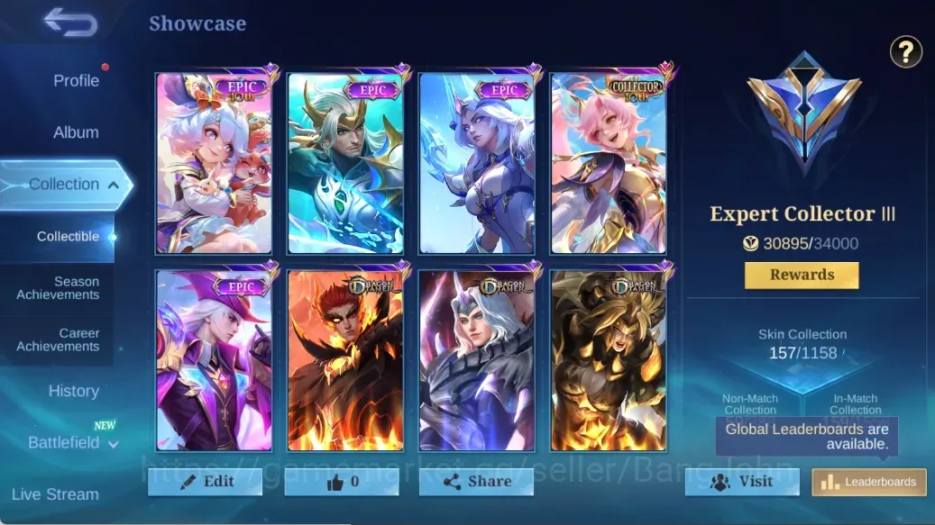 Mobile Legends: Bang Bang Accounts Collector Global|119H 157S|Expert|Recall TasTas|Collectotr Layla 10TH,Dragon Tamer 1