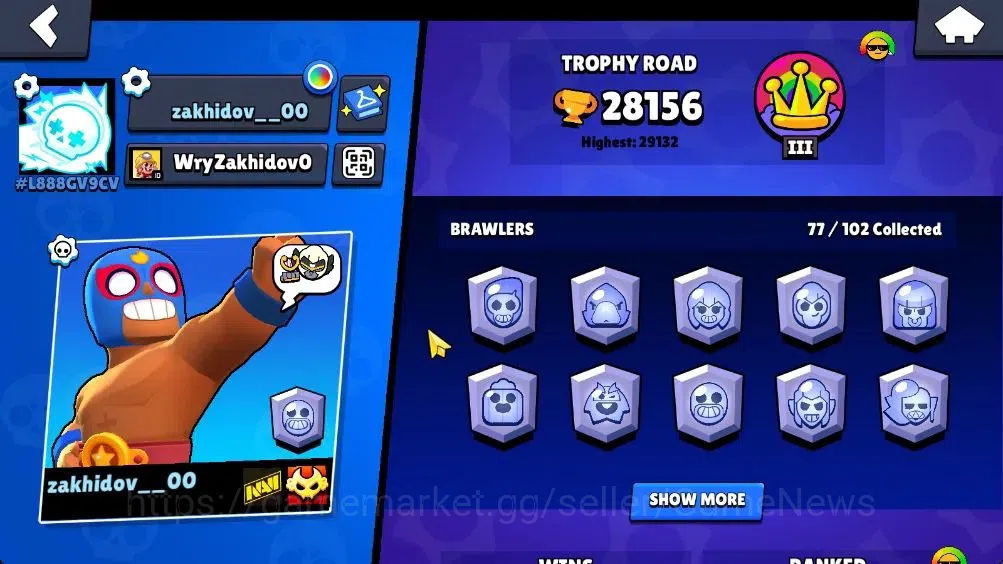 Brawl Stars Accounts 28156 Trophy|77 Brawlers 10 Max Lvl|1 Legend (Robo Mike),1 Mythic (Squad Buster Shelly),13 Epic 2