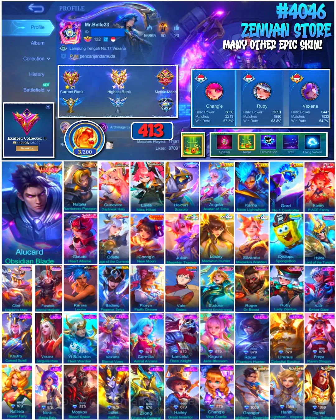 Mobile Legends: Bang Bang Accounts ๐ฅ #4046 ๐ฅ 413 Skins ๐ EXALTED COLLECTOR III ๐ Legend Alucard Obsidian Blade โ๏ธ 1