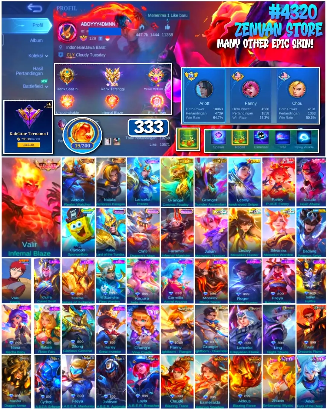 Mobile Legends: Bang Bang Accounts #4320 333 Skins | Valir Infernal Blaze (LEGEND) | Vale Gaara (NARUTO) | Badang Pegasus 1
