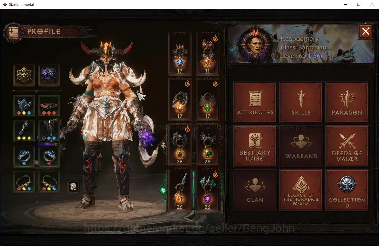 Diablo Immortal Accounts High-End Oce - Azmodan|60(1166)Barbarian-Vanquisher|CR 51660|Reso 480|Inverno 5|Lv.30 1