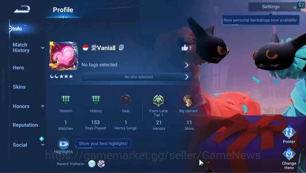 Honor of Kings Accounts Hero 21 Skin 11|Starter with Legend Skin(Angela)+E image 2