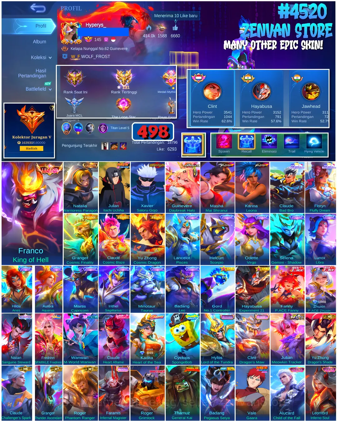 Mobile Legends: Bang Bang Accounts #4520 498 Skins | Franco King of Hell (LEGEND) | Xavier Satoru Gojo (JUJUTSU KAISEN 1